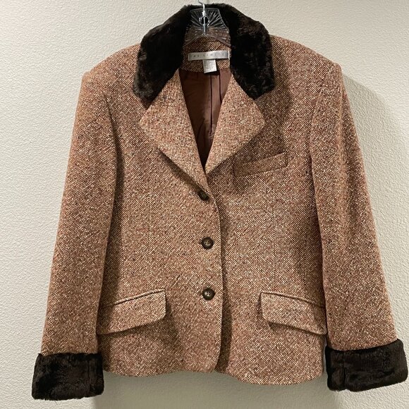THE LIMITED New Wool Blend Tweed Vintage Blazer Faux Fur Trim Brown Size 12 - Picture 2 of 11
